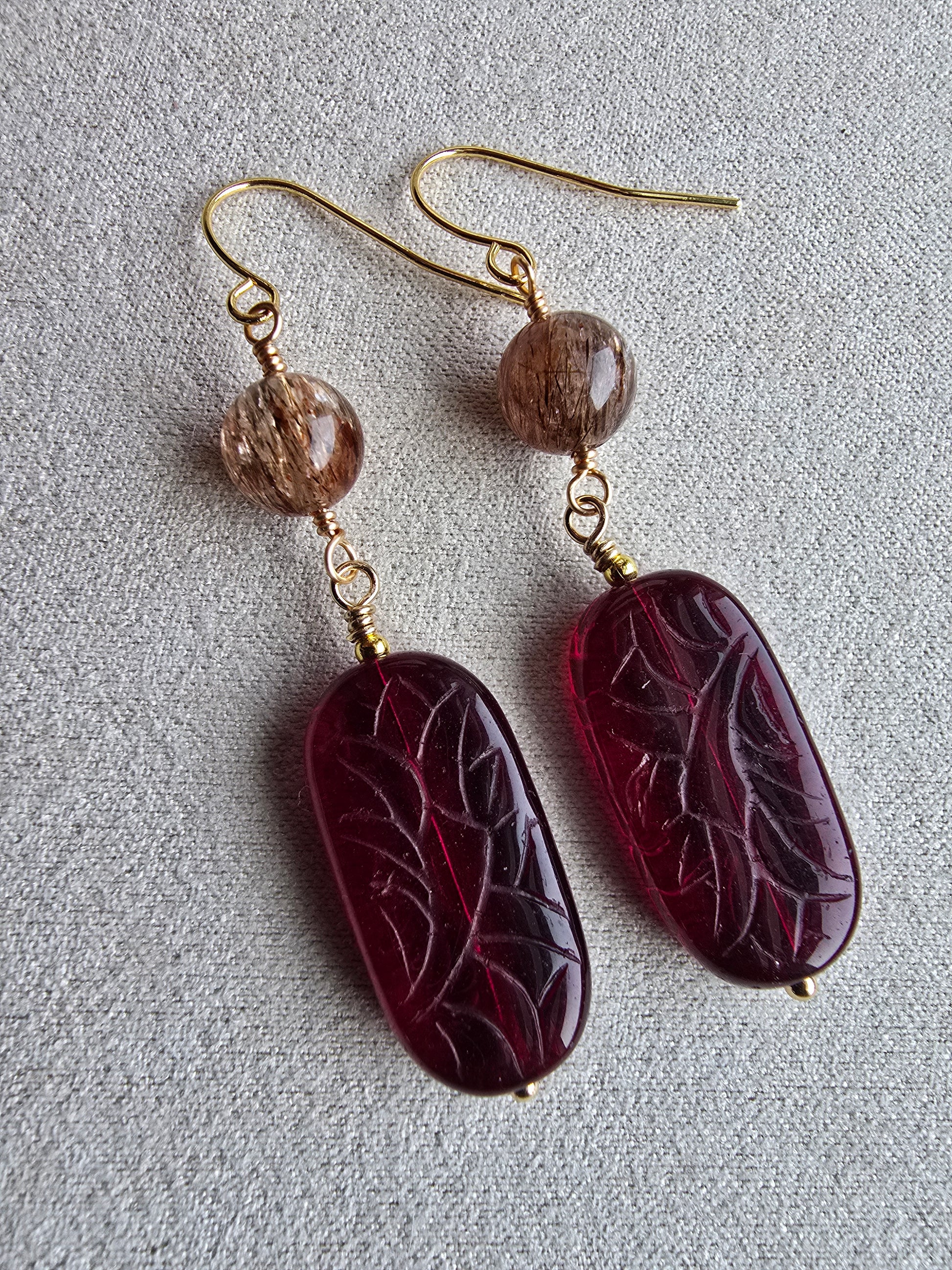 Rutilated Quartz & Carved Czech Glass Drop Earrings Sacred Sol Design