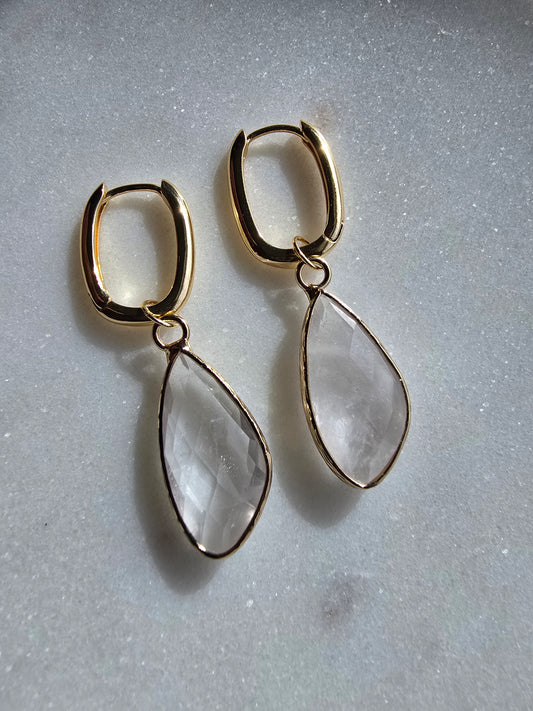 Gold Hoop Quartz Drop Earrings – Faceted Clear Quartz Teardrops Sacred Sol Design