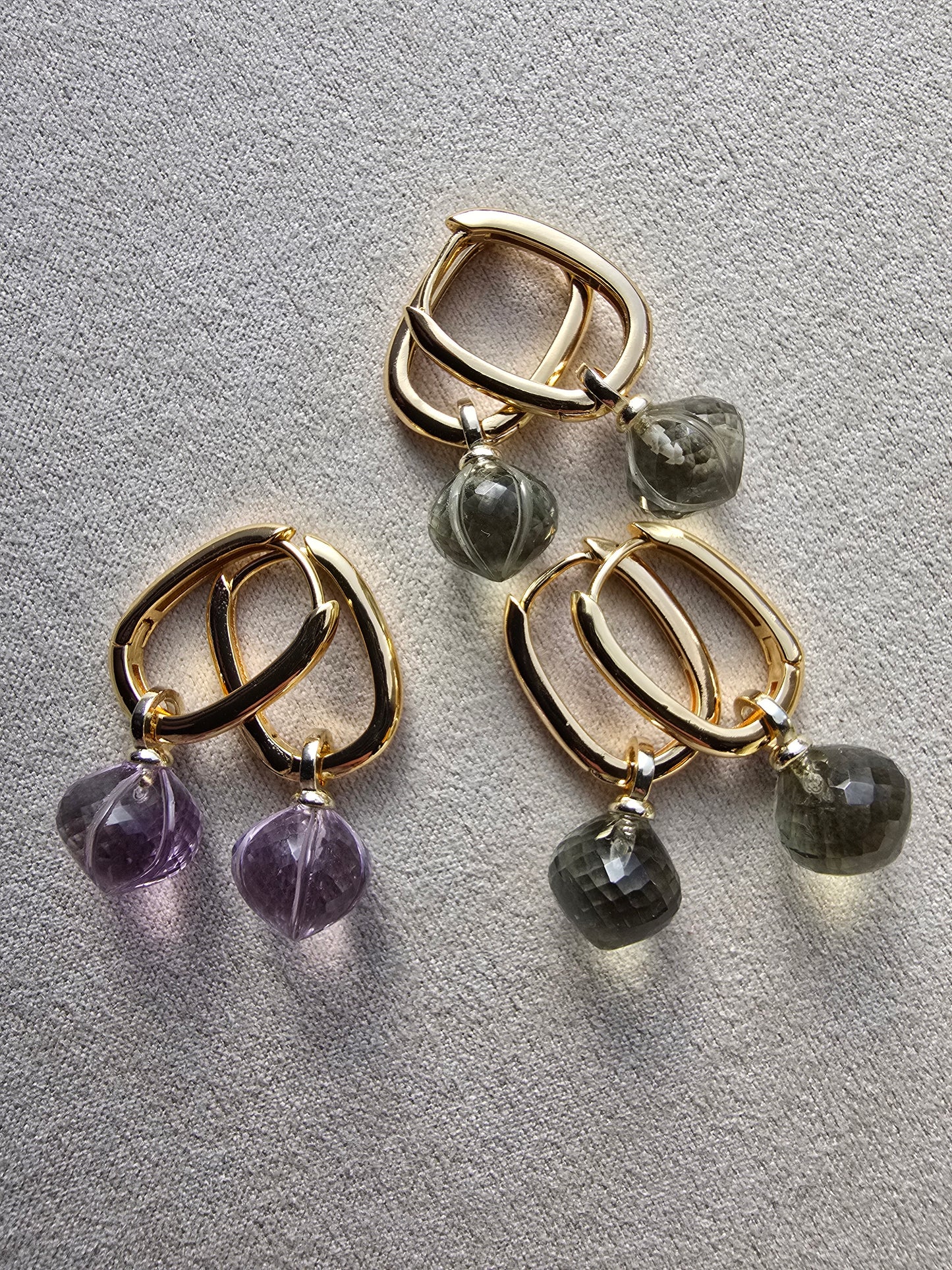 AAA Carved Gemstone Drop Hoop Earrings & Necklaces | Green Amethyst, Purple Amethyst, Prasiolite | Gold Hoop Earings Sacred Sol Design