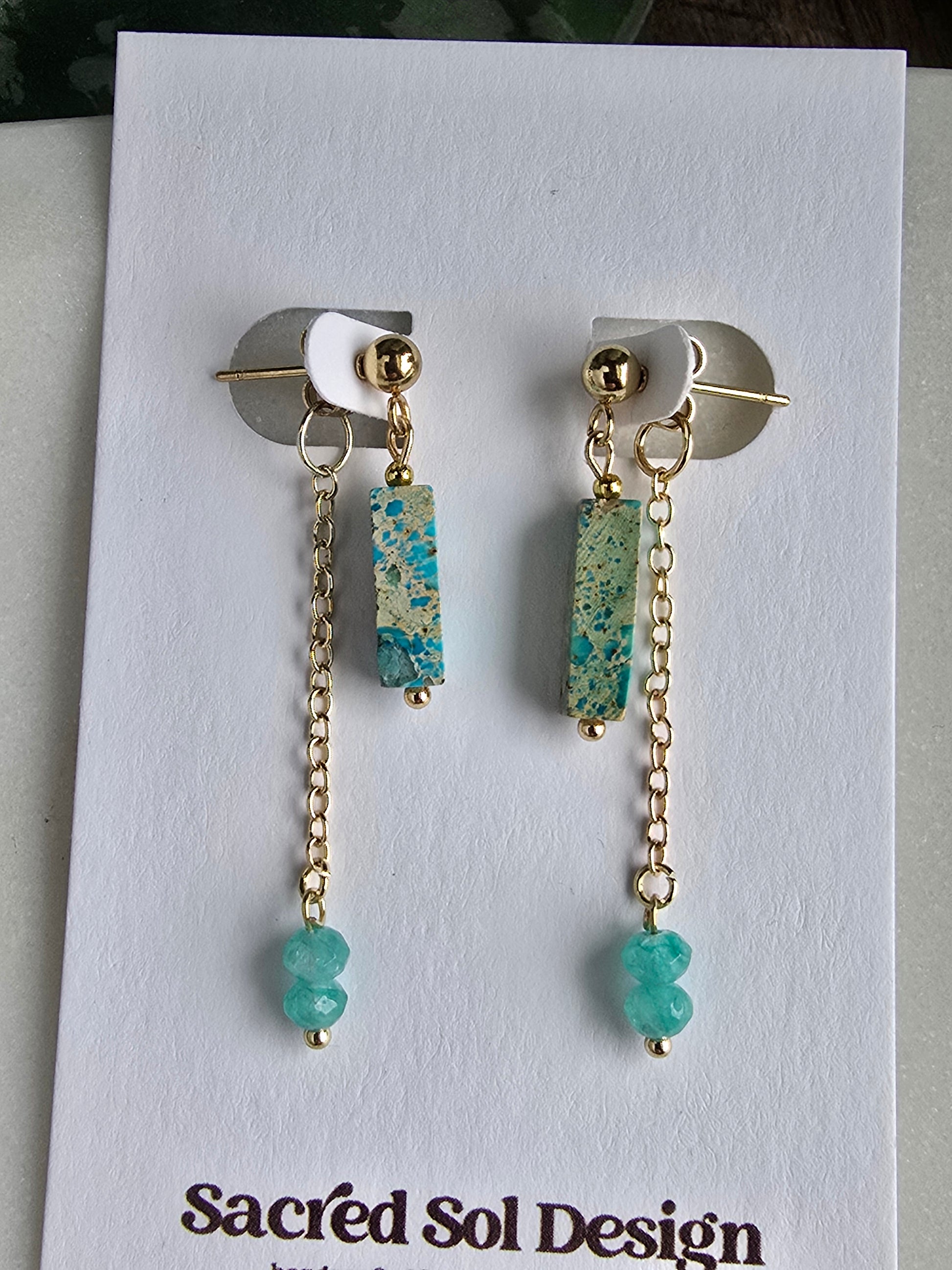 Turquoise Jasper Bar Earrings with Chain Dangle – Gold Plated Stud Earrings, Modern Minimal Stone Drops Sacred Sol Design