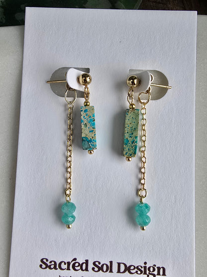 Turquoise Jasper Bar Earrings with Chain Dangle – Gold Plated Stud Earrings, Modern Minimal Stone Drops Sacred Sol Design