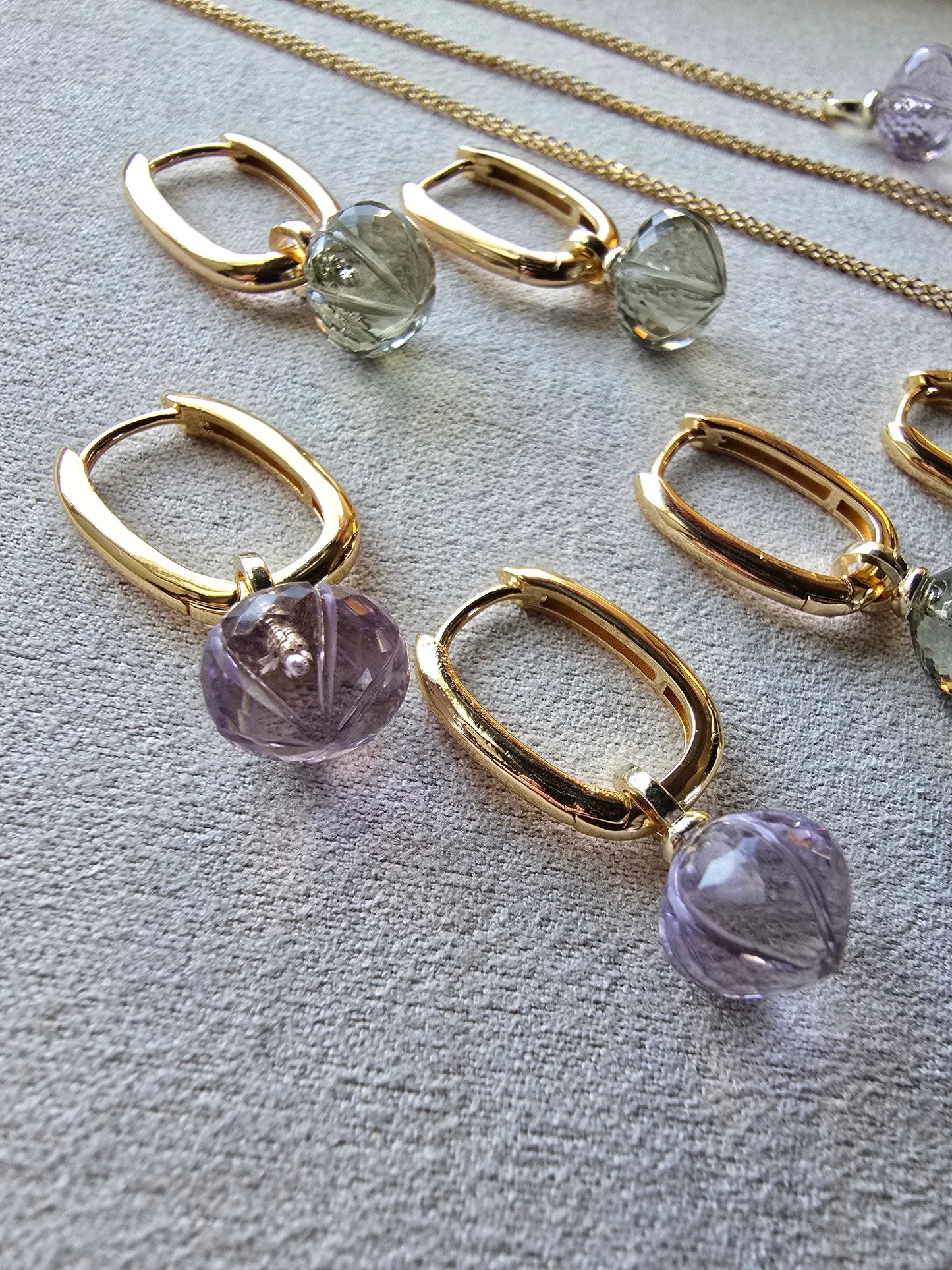 AAA Carved Gemstone Drop Hoop Earrings & Necklaces | Green Amethyst, Purple Amethyst, Prasiolite | Gold Hoop Earings Sacred Sol Design