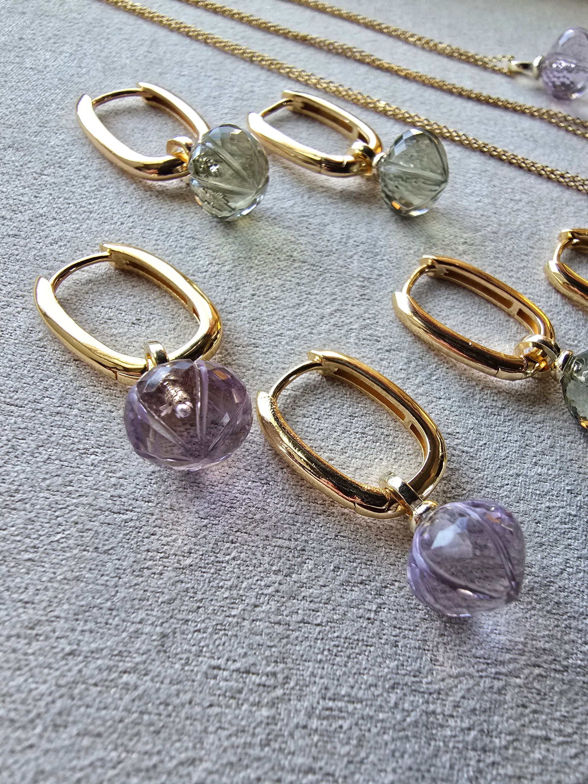 AAA Carved Gemstone Drop Hoop Earrings & Necklaces | Green Amethyst, Purple Amethyst, Prasiolite | Gold Hoop Earings Sacred Sol Design
