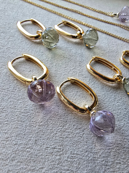 AAA Carved Gemstone Drop Hoop Earrings & Necklaces | Green Amethyst, Purple Amethyst, Prasiolite | Gold Hoop Earings Sacred Sol Design
