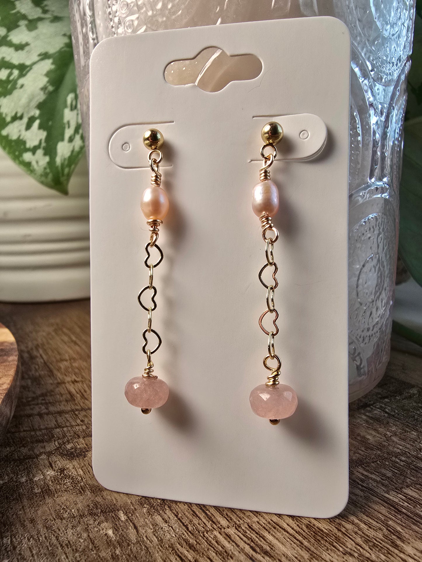Heart Dangle Earrings with Jade and Pink Pearls Sacred Sol Design