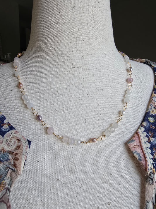 Hand-Wrapped White Agate, Rose Quartz & Freshwater Pearl Necklace Sacred Sol Design