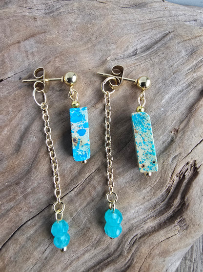 Turquoise Jasper Bar Earrings with Chain Dangle – Gold Plated Stud Earrings, Modern Minimal Stone Drops Sacred Sol Design