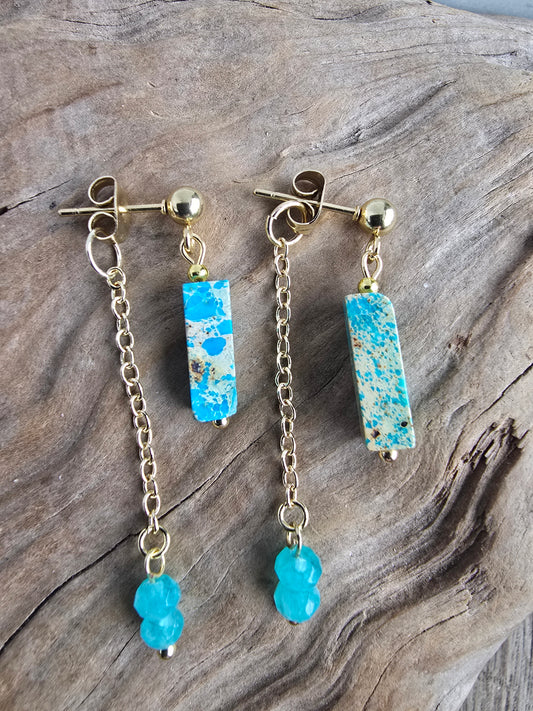 Turquoise Jasper Bar Earrings with Chain Dangle – Gold Plated Stud Earrings, Modern Minimal Stone Drops Sacred Sol Design