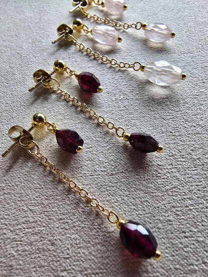 Gold Drop Earrings with Garnet or Rose Quartz - Dainty Chain Dangle Earrings - Minimal Gemstone Earrings Sacred Sol Design