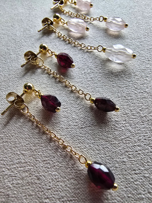 Gold Drop Earrings with Garnet or Rose Quartz - Dainty Chain Dangle Earrings - Minimal Gemstone Earrings Sacred Sol Design