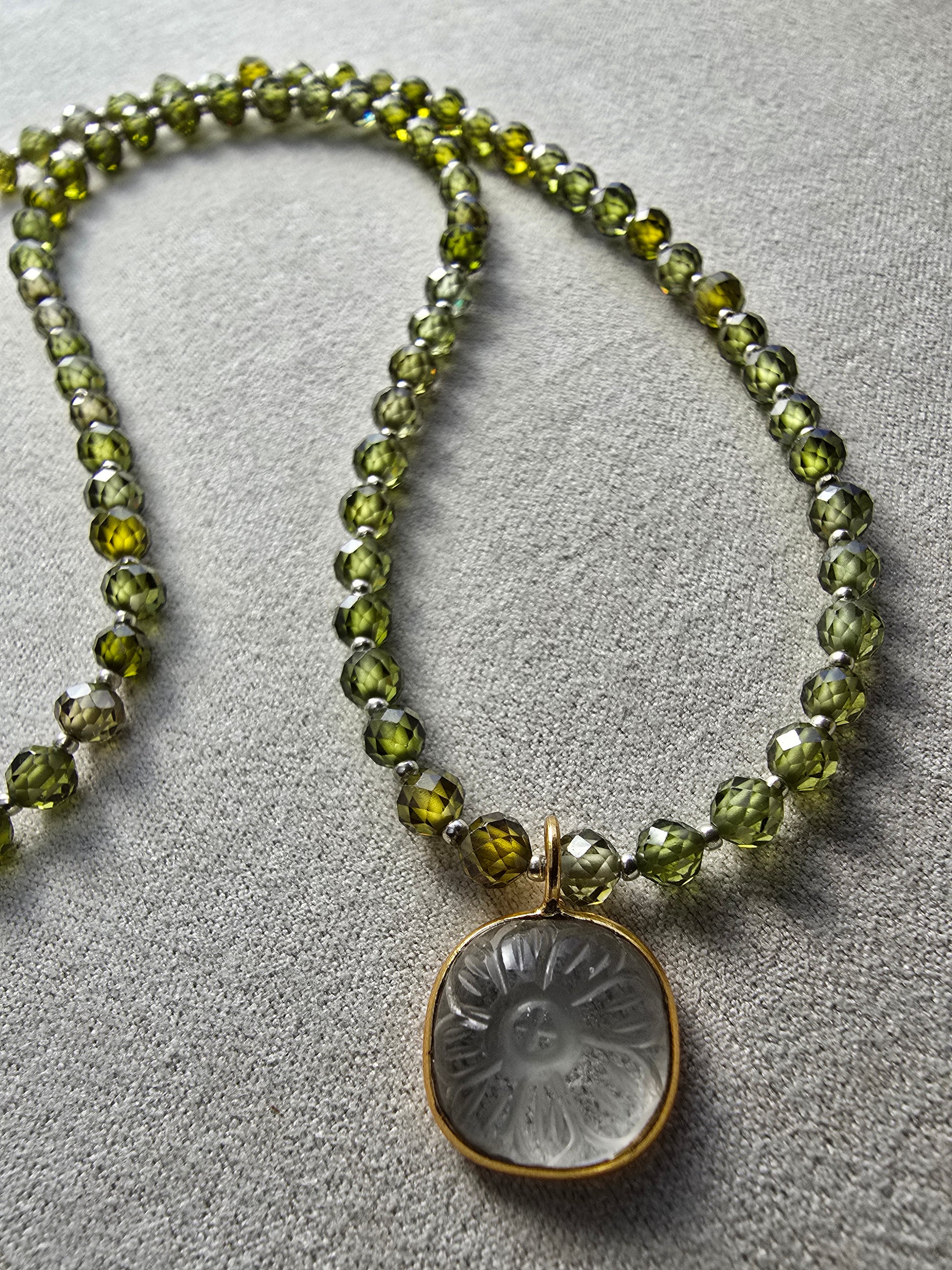 Green Zircon Necklace with Carved Quartz Flower Focal – Gold Filled Gemstone Necklace Sacred Sol Design