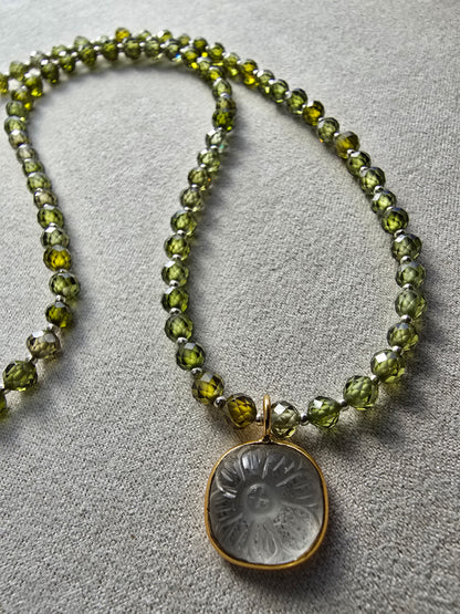 Green Zircon Necklace with Carved Quartz Flower Focal – Gold Filled Gemstone Necklace Sacred Sol Design