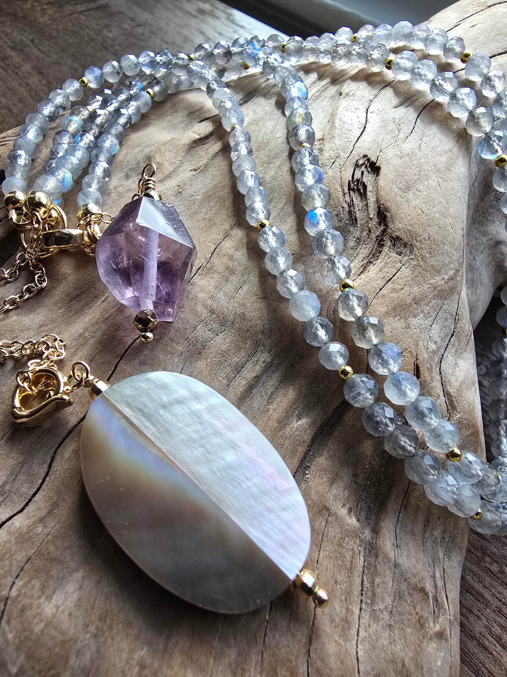 Solstice Drift Necklace | Labradorite, Amethyst & Mother of Pearl Layered Drop Necklace Sacred Sol Design