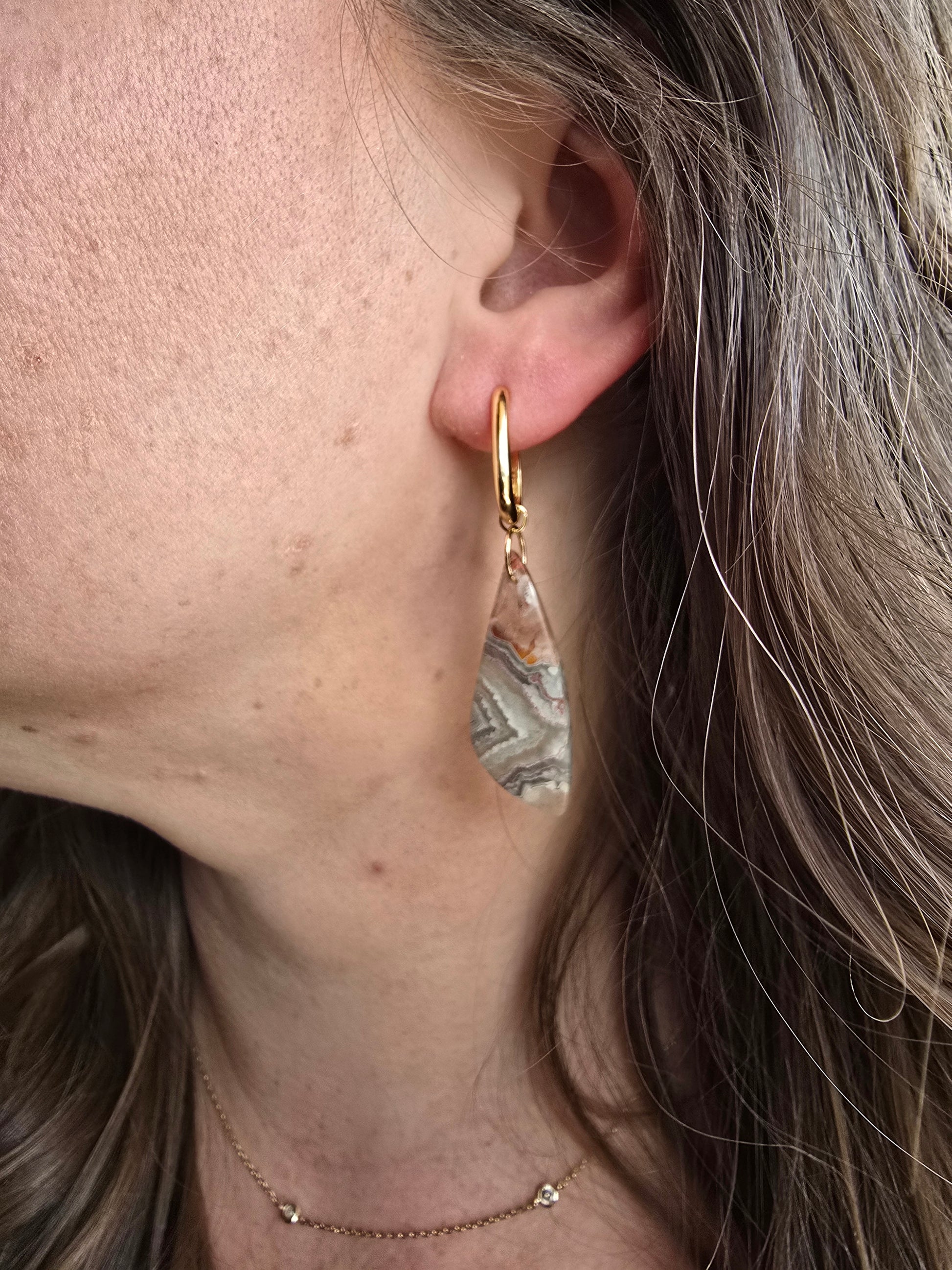 Gray Lace Agate Earrings – Neutral Banded Stone Drop Hoops Sacred Sol Design