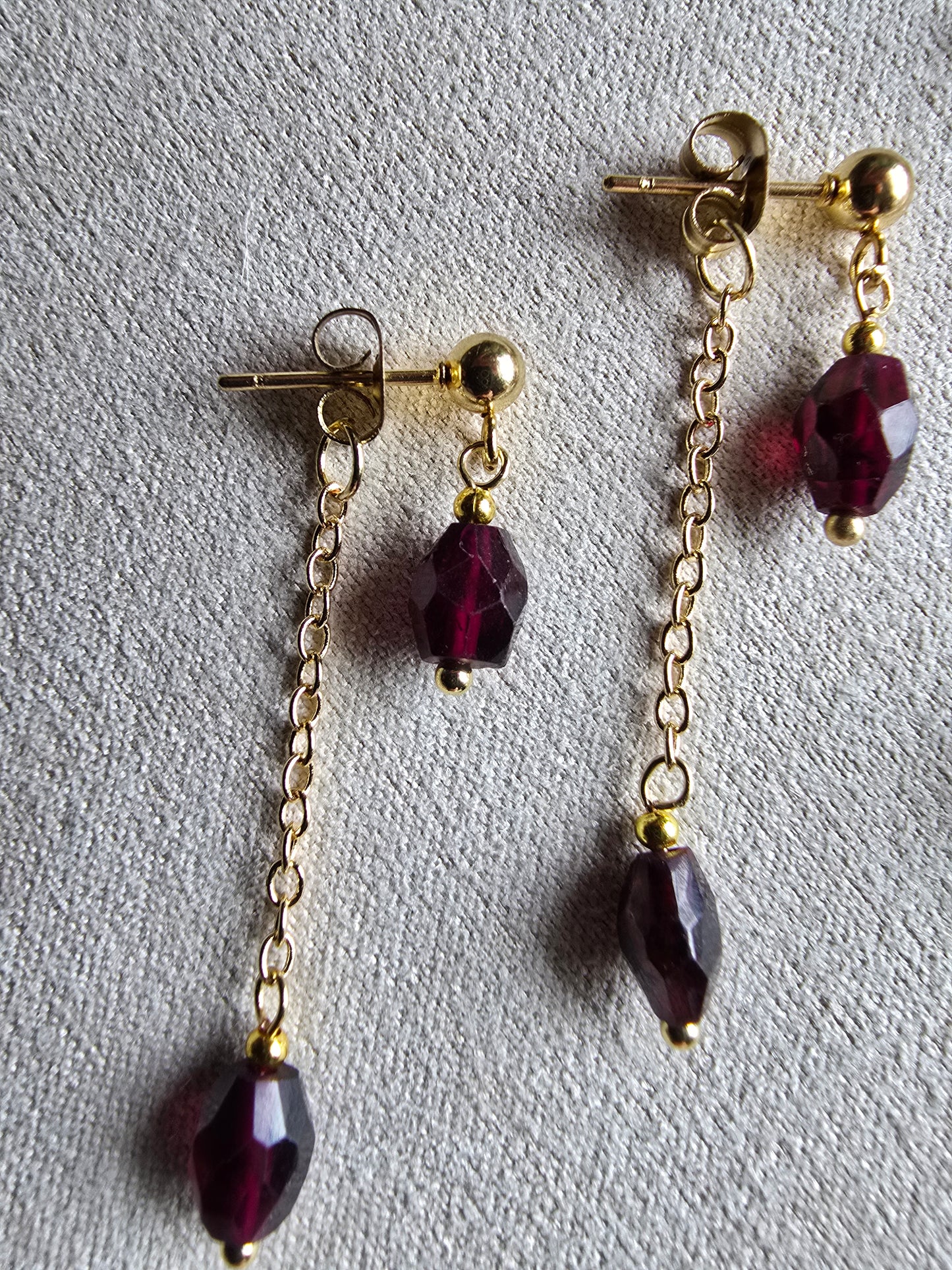 Gold Drop Earrings with Garnet or Rose Quartz - Dainty Chain Dangle Earrings - Minimal Gemstone Earrings Sacred Sol Design
