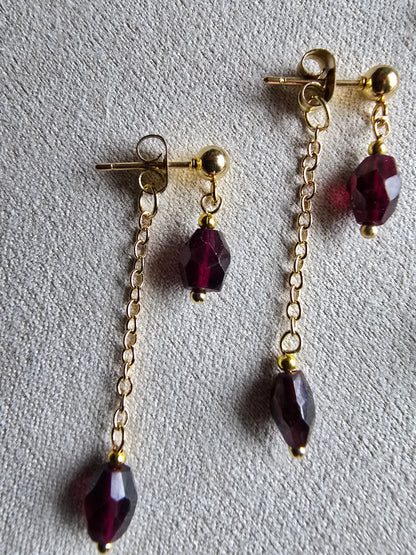 Gold Drop Earrings with Garnet or Rose Quartz - Dainty Chain Dangle Earrings - Minimal Gemstone Earrings Sacred Sol Design