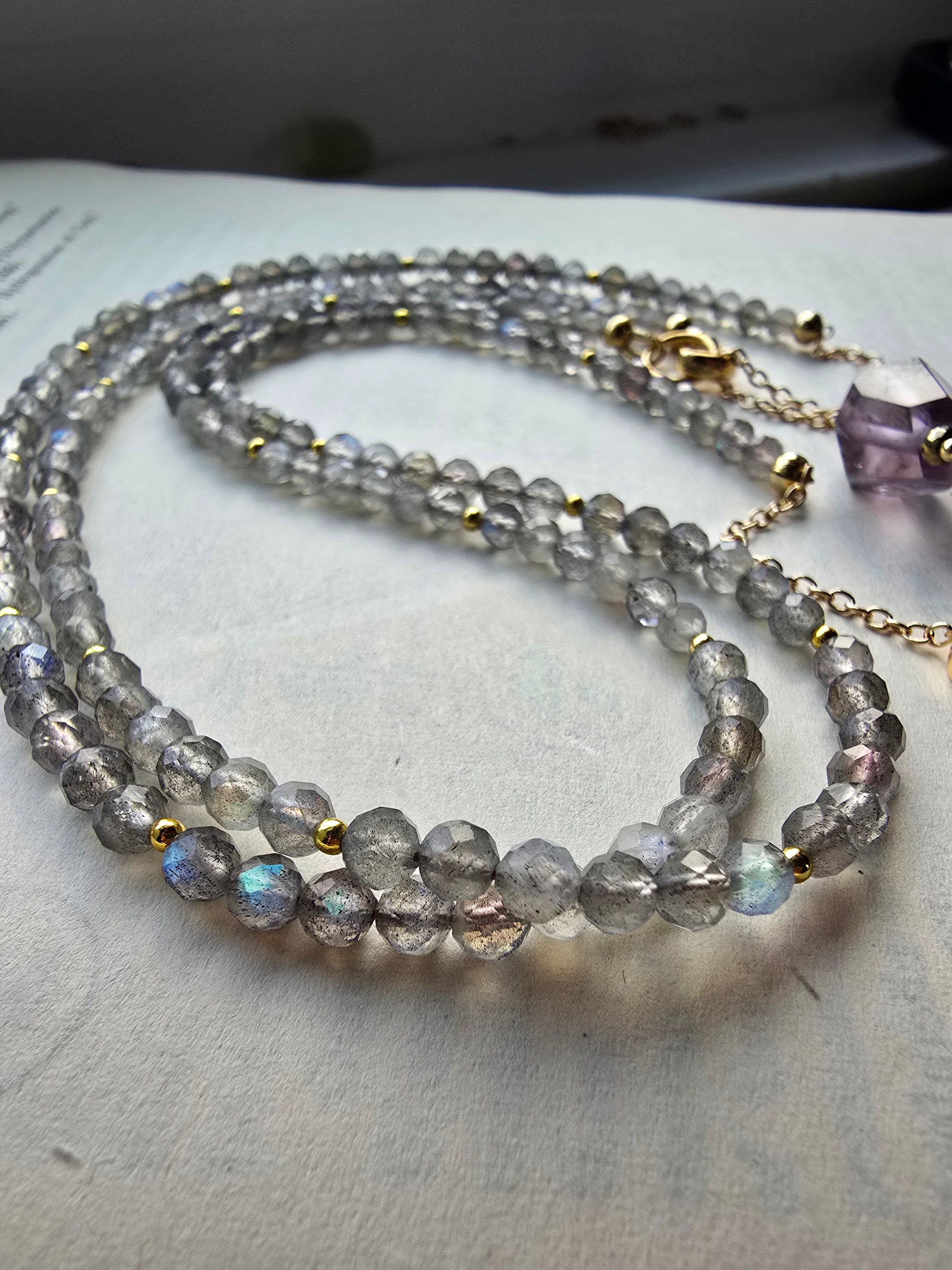 Solstice Drift Necklace | Labradorite, Amethyst & Mother of Pearl Layered Drop Necklace Sacred Sol Design