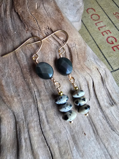 Dalmatian Jasper & Faceted Black Agate Drop Earrings - Gold Plated Earrings Sacred Sol Design