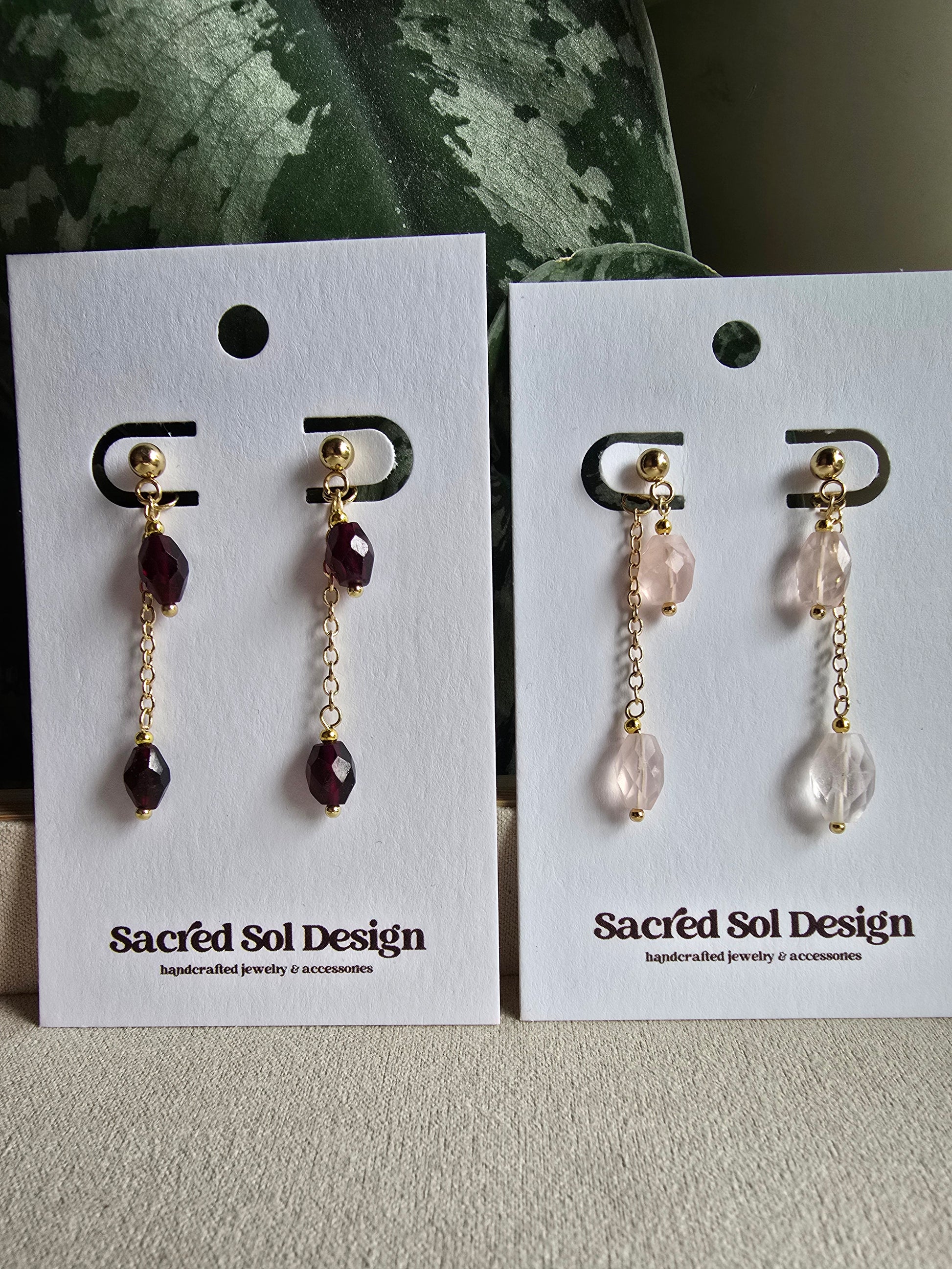 Gold Drop Earrings with Garnet or Rose Quartz - Dainty Chain Dangle Earrings - Minimal Gemstone Earrings Sacred Sol Design