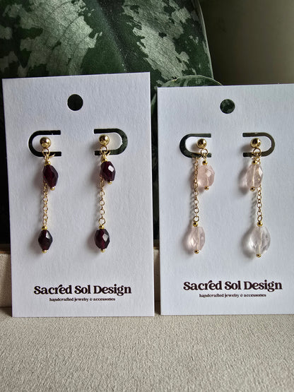 Gold Drop Earrings with Garnet or Rose Quartz - Dainty Chain Dangle Earrings - Minimal Gemstone Earrings Sacred Sol Design