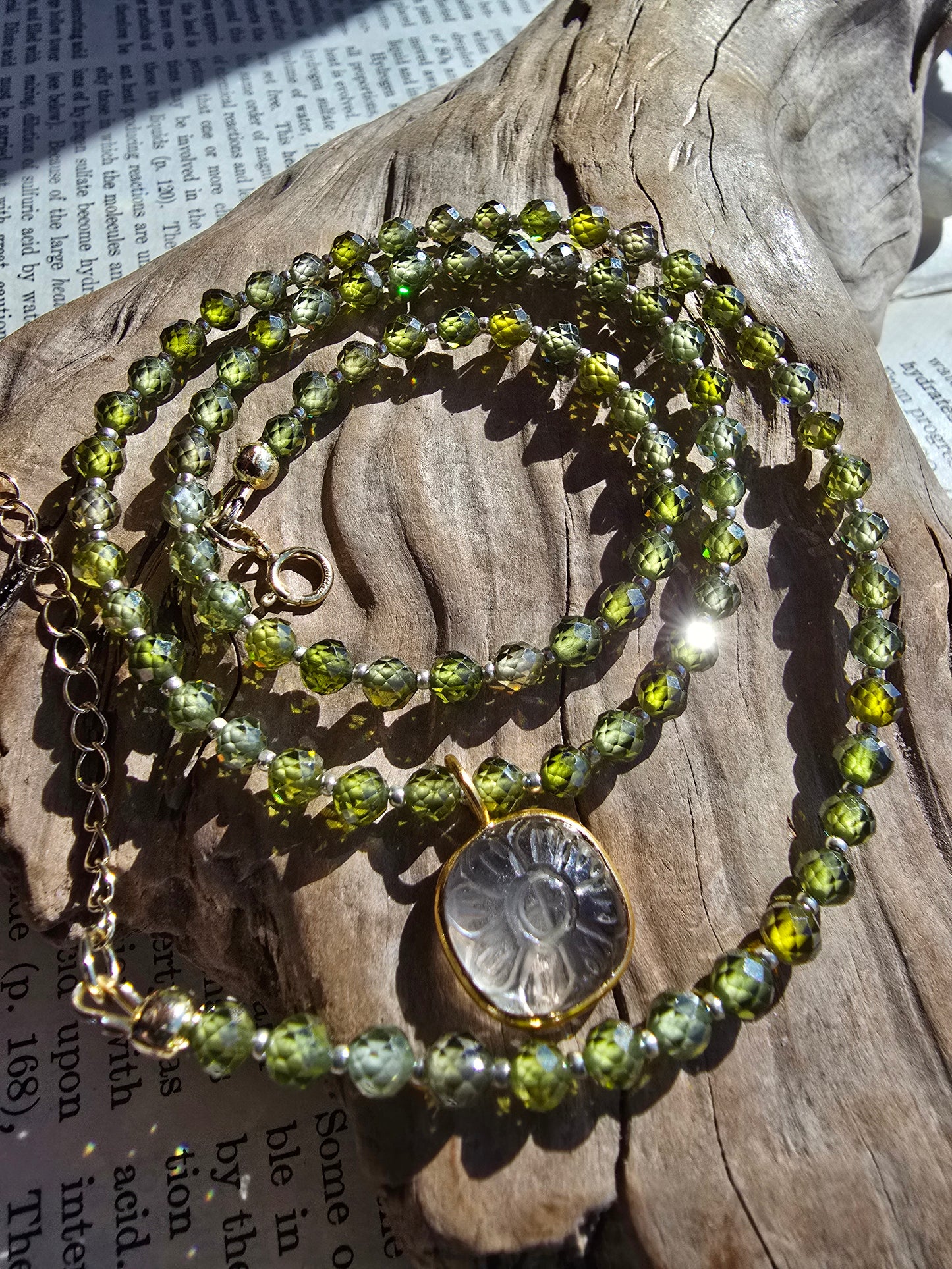 Green Zircon Necklace with Carved Quartz Flower Focal – Gold Filled Gemstone Necklace Sacred Sol Design