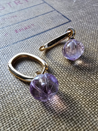 AAA Carved Gemstone Drop Hoop Earrings & Necklaces | Green Amethyst, Purple Amethyst, Prasiolite | Gold Hoop Earings Sacred Sol Design