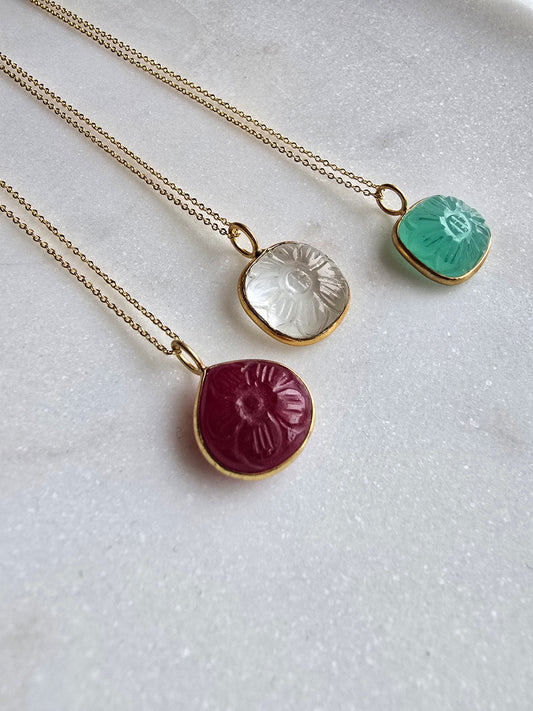Hand Carved Chalcedony, Ruby or Quartz Necklace – Gold Filled Chain – 18.5” Minimal Gemstone Pendant Sacred Sol Design
