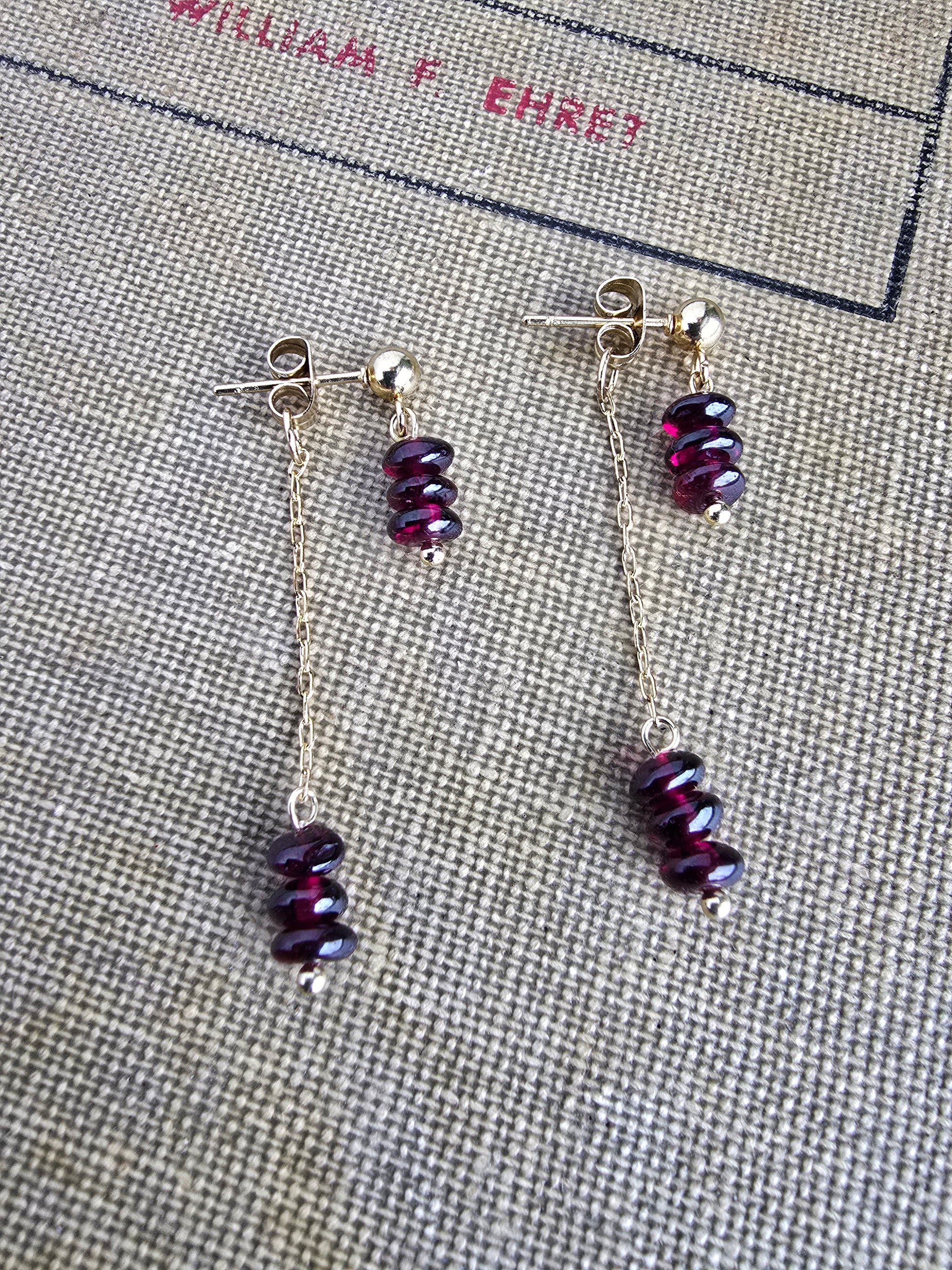 Garnet Earrings with Chain Dangle – Gold Plated Stud Earrings, Modern Minimal Stone Drops Sacred Sol Design
