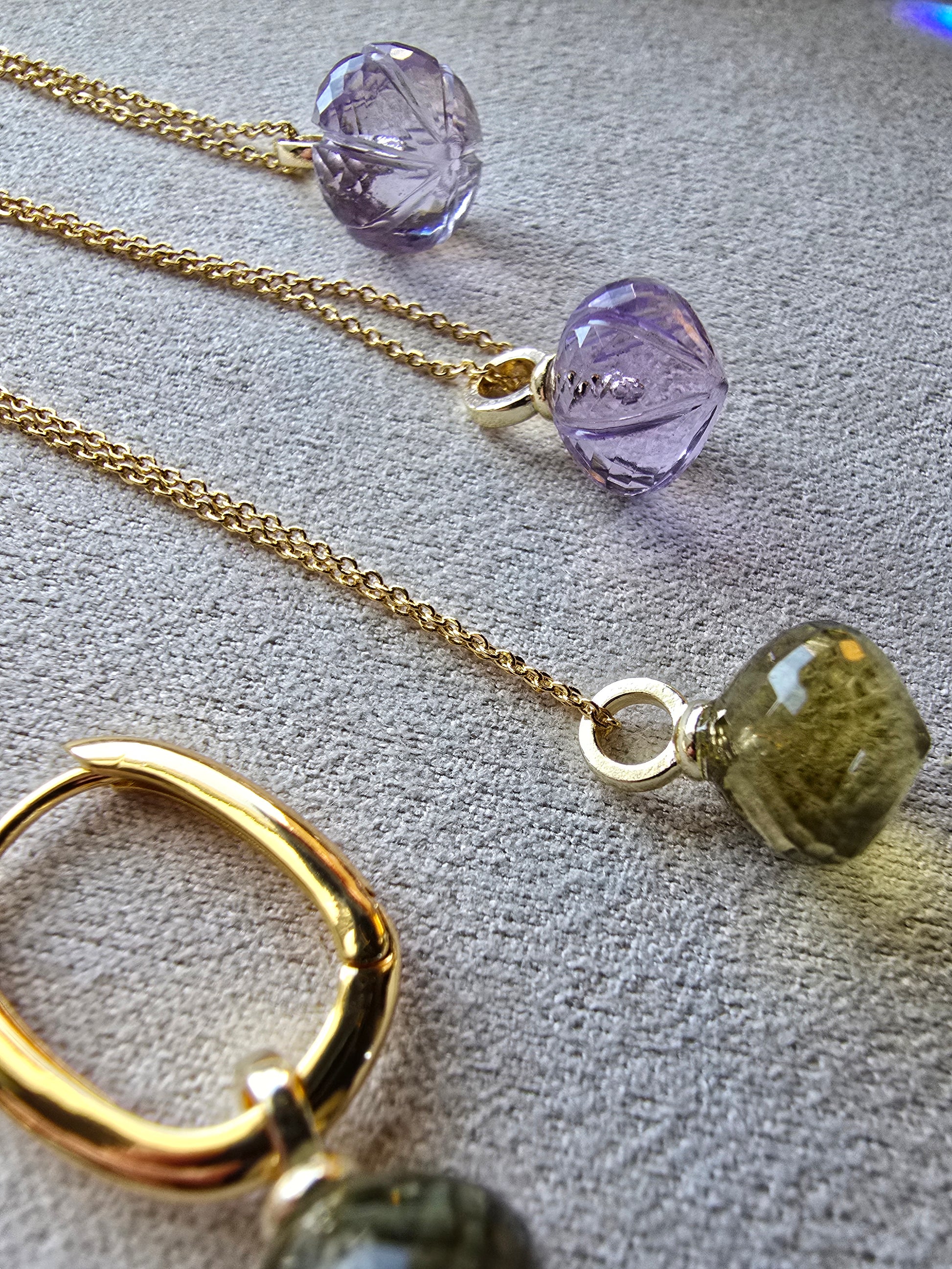 AAA Carved Gemstone Drop Hoop Earrings & Necklaces | Green Amethyst, Purple Amethyst, Prasiolite | Gold Hoop Earings Sacred Sol Design