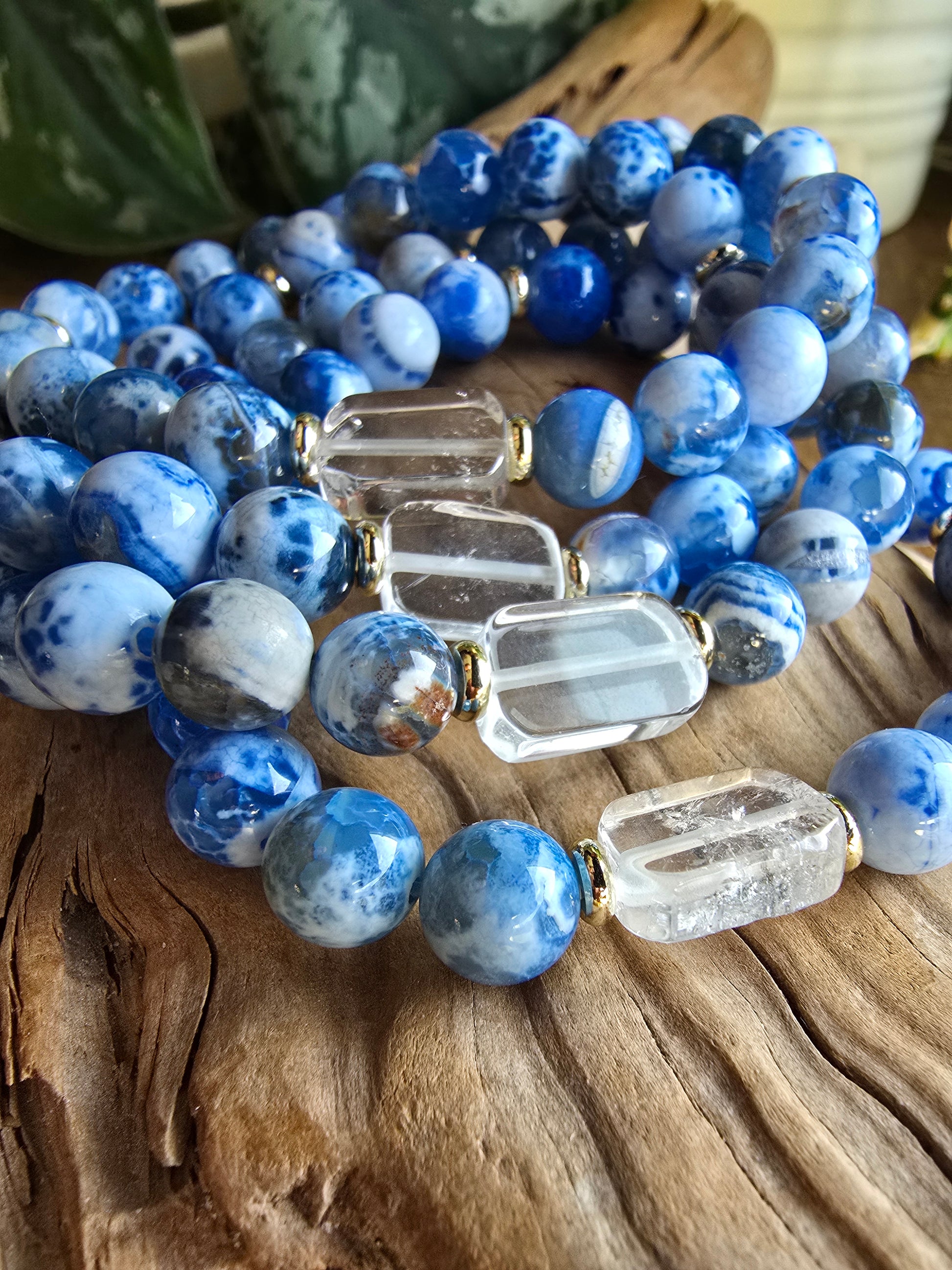 Agate Bracelet with Clear Quartz Focal, Blue or Green Gemstone Bracelet, Gold Plated Beaded Stretch Bracelet My Store