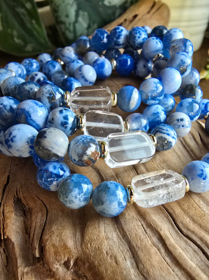 Agate Bracelet with Clear Quartz Focal, Blue or Green Gemstone Bracelet, Gold Plated Beaded Stretch Bracelet My Store