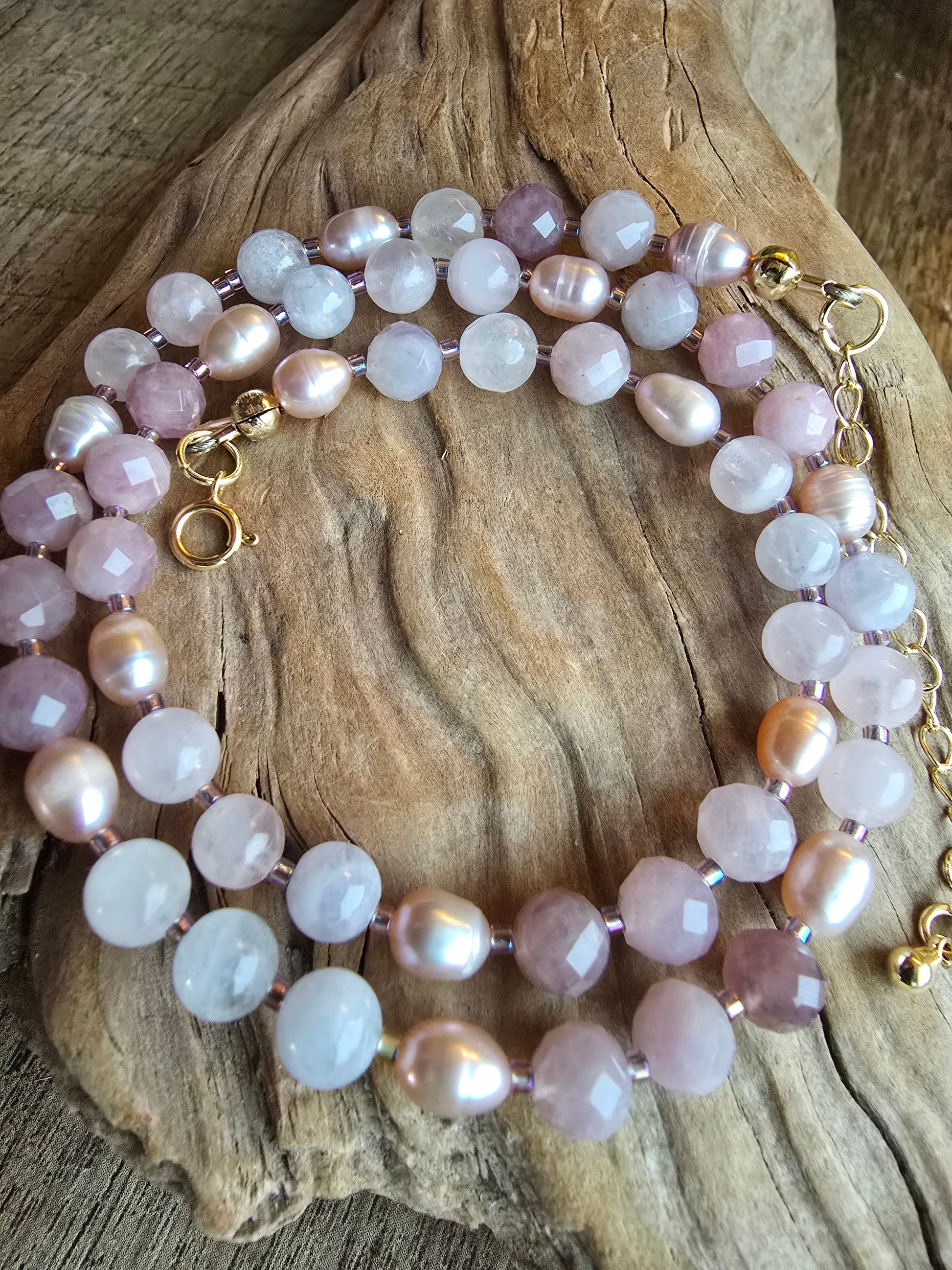 Rose Quartz and Pink Pearl Necklace with Crescent Moon Charm – Gold Plated Gemstone Necklace Sacred Sol Design