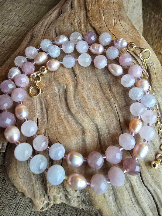 Rose Quartz and Pink Pearl Necklace with Crescent Moon Charm – Gold Plated Gemstone Necklace Sacred Sol Design