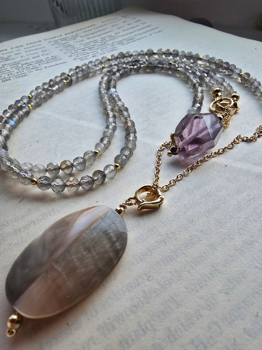 Solstice Drift Necklace | Labradorite, Amethyst & Mother of Pearl Layered Drop Necklace Sacred Sol Design