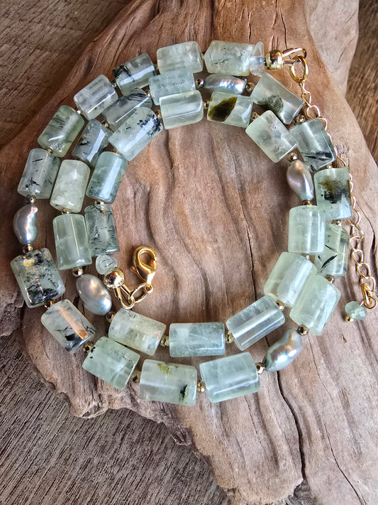 Prehnite and Pistachio Baroque Pearl Necklace – Gold Plated Gemstone Statement Necklace Sacred Sol Design