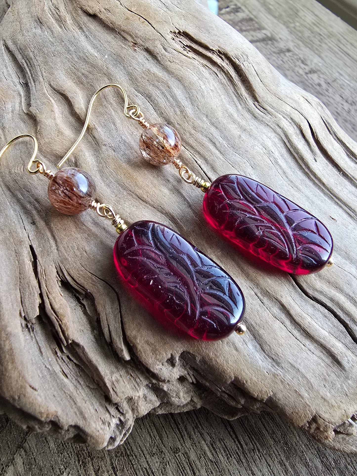 Rutilated Quartz & Carved Czech Glass Drop Earrings Sacred Sol Design