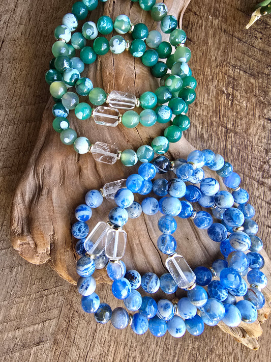 Agate Bracelet with Clear Quartz Focal, Blue or Green Gemstone Bracelet, Gold Plated Beaded Stretch Bracelet My Store