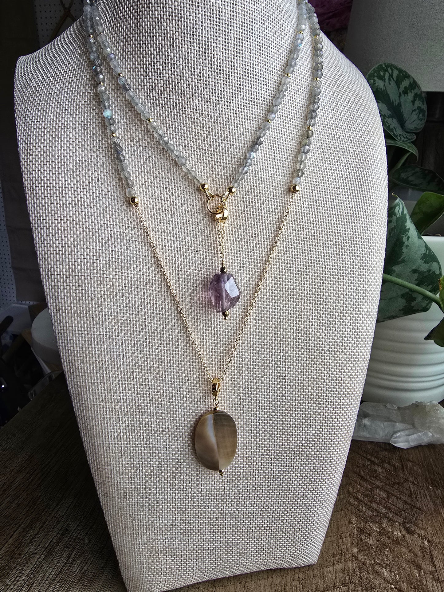 Solstice Drift Necklace | Labradorite, Amethyst & Mother of Pearl Layered Drop Necklace Sacred Sol Design