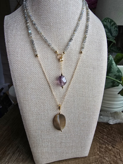 Solstice Drift Necklace | Labradorite, Amethyst & Mother of Pearl Layered Drop Necklace Sacred Sol Design