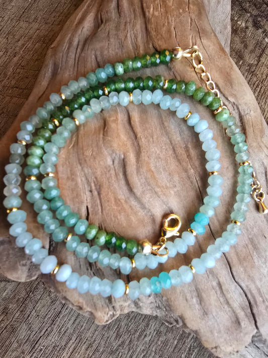 Green Gemstone Gradient Necklace – Natural Multi-Stone Necklace – Long Layering Necklace Sacred Sol Design