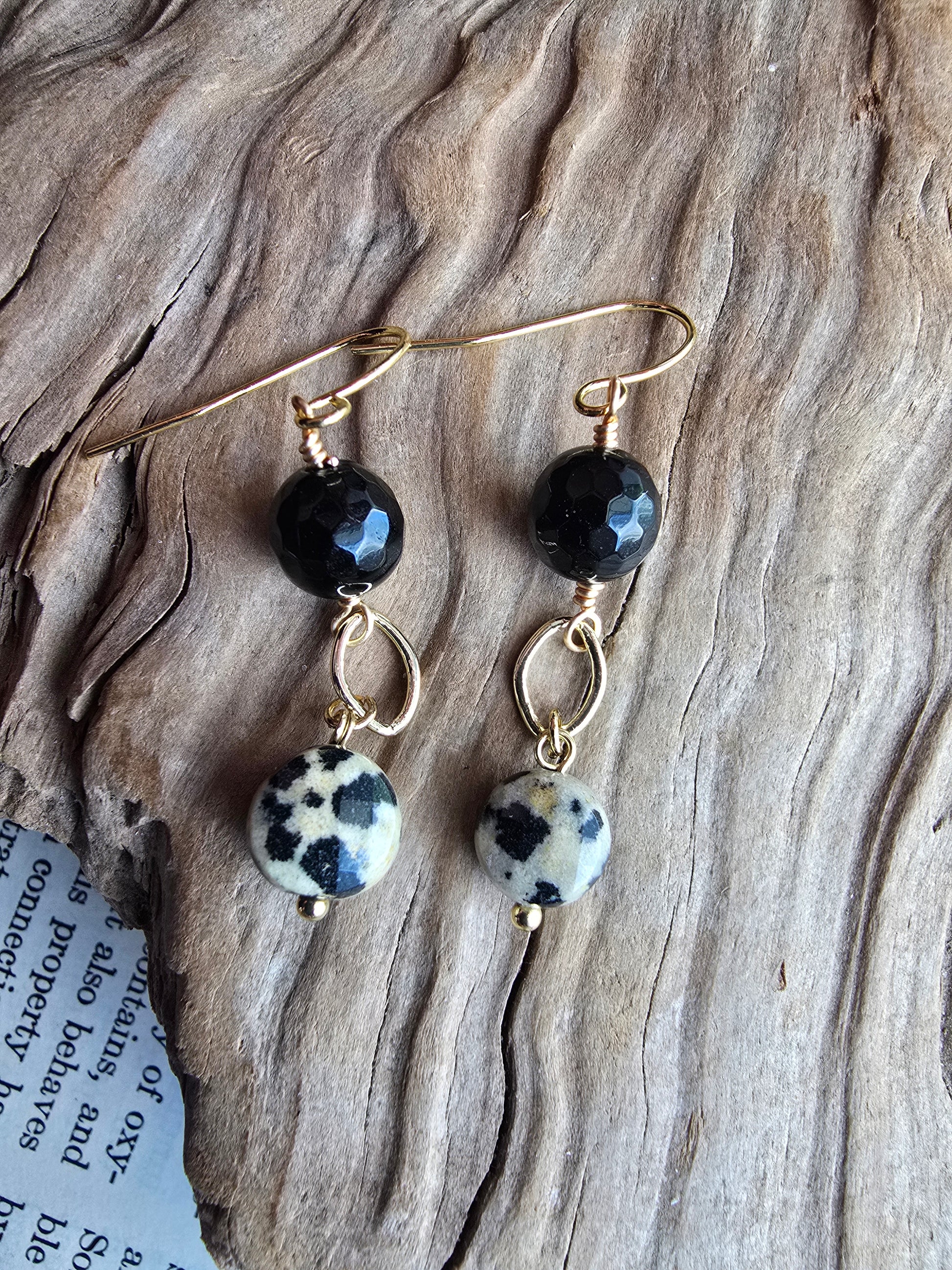 Dalmatian Jasper & Faceted Black Agate Drop Earrings - Gold Plated Earrings Sacred Sol Design