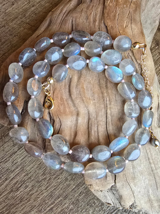 Blue Flash Labradorite Necklace – Gold Filled – Pearl Extender – 18.5” Adjustable Gemstone Necklace Sacred Sol Design