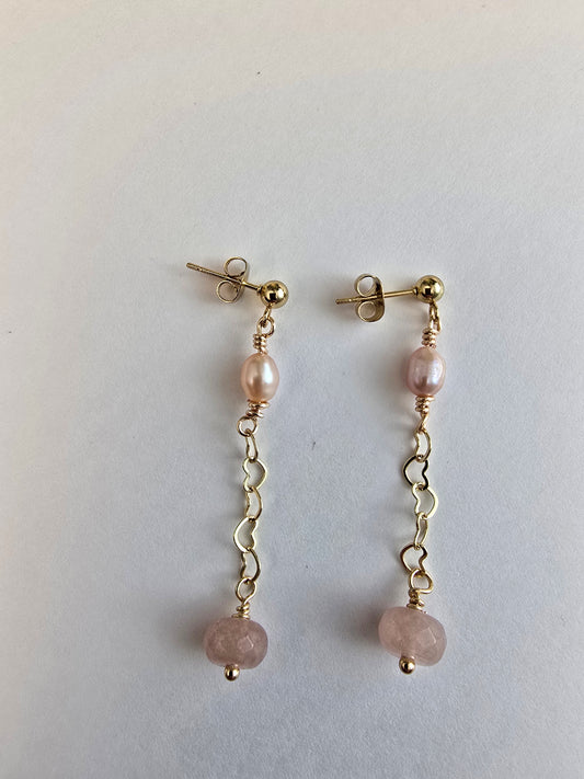 Heart Dangle Earrings with Jade and Pink Pearls Sacred Sol Design