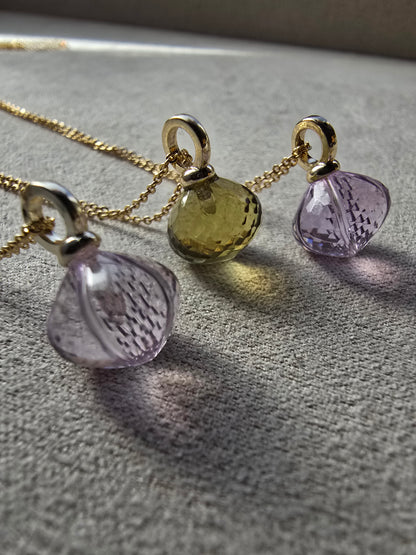 AAA Carved Gemstone Drop Hoop Earrings & Necklaces | Green Amethyst, Purple Amethyst, Prasiolite | Gold Hoop Earings Sacred Sol Design