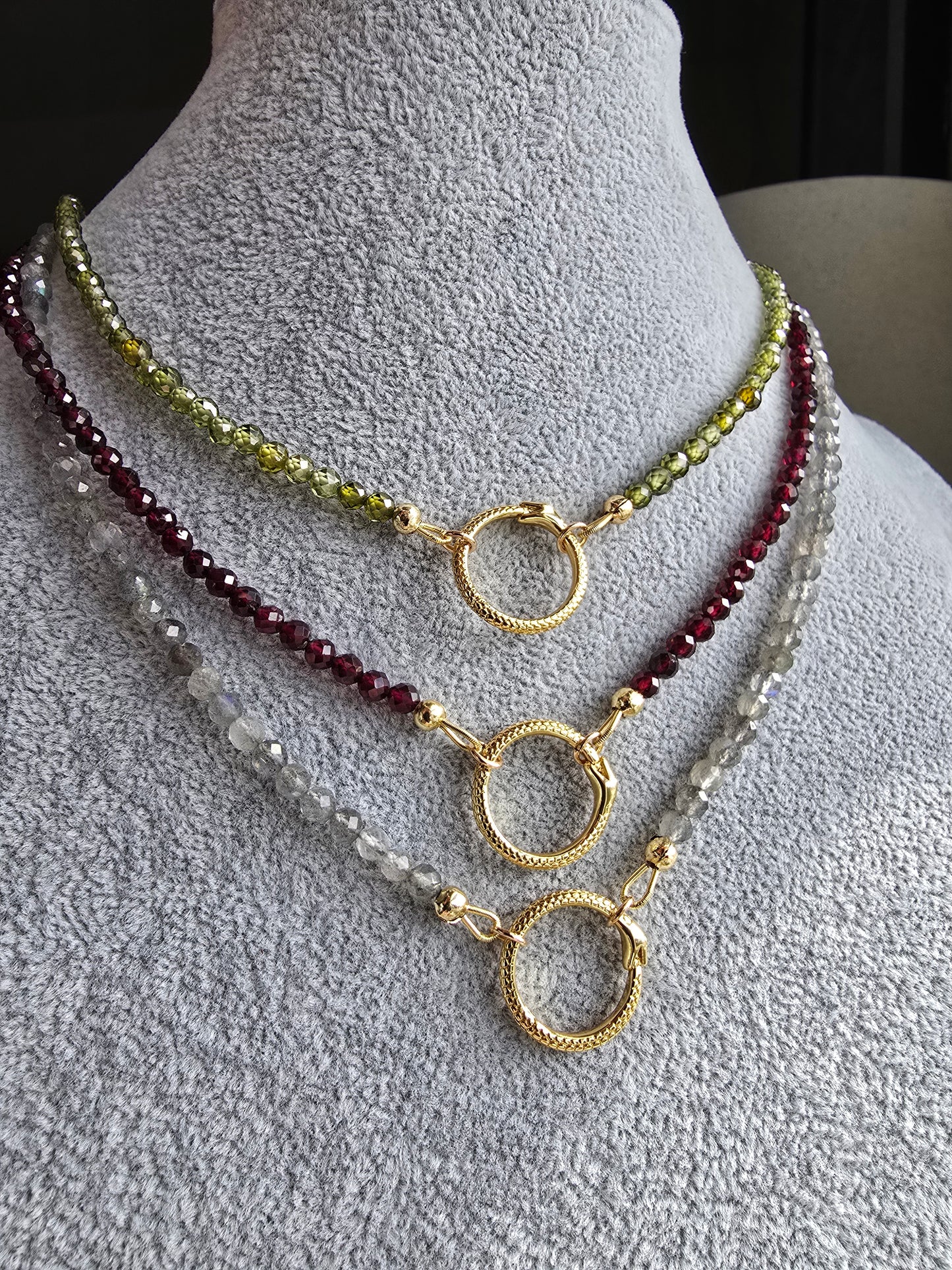 Serpent Clasp Gemstone Necklace – Labradorite, Olive Zircon, or Garnet – Gold Filled Statement Clasp Necklace Sacred Sol Design