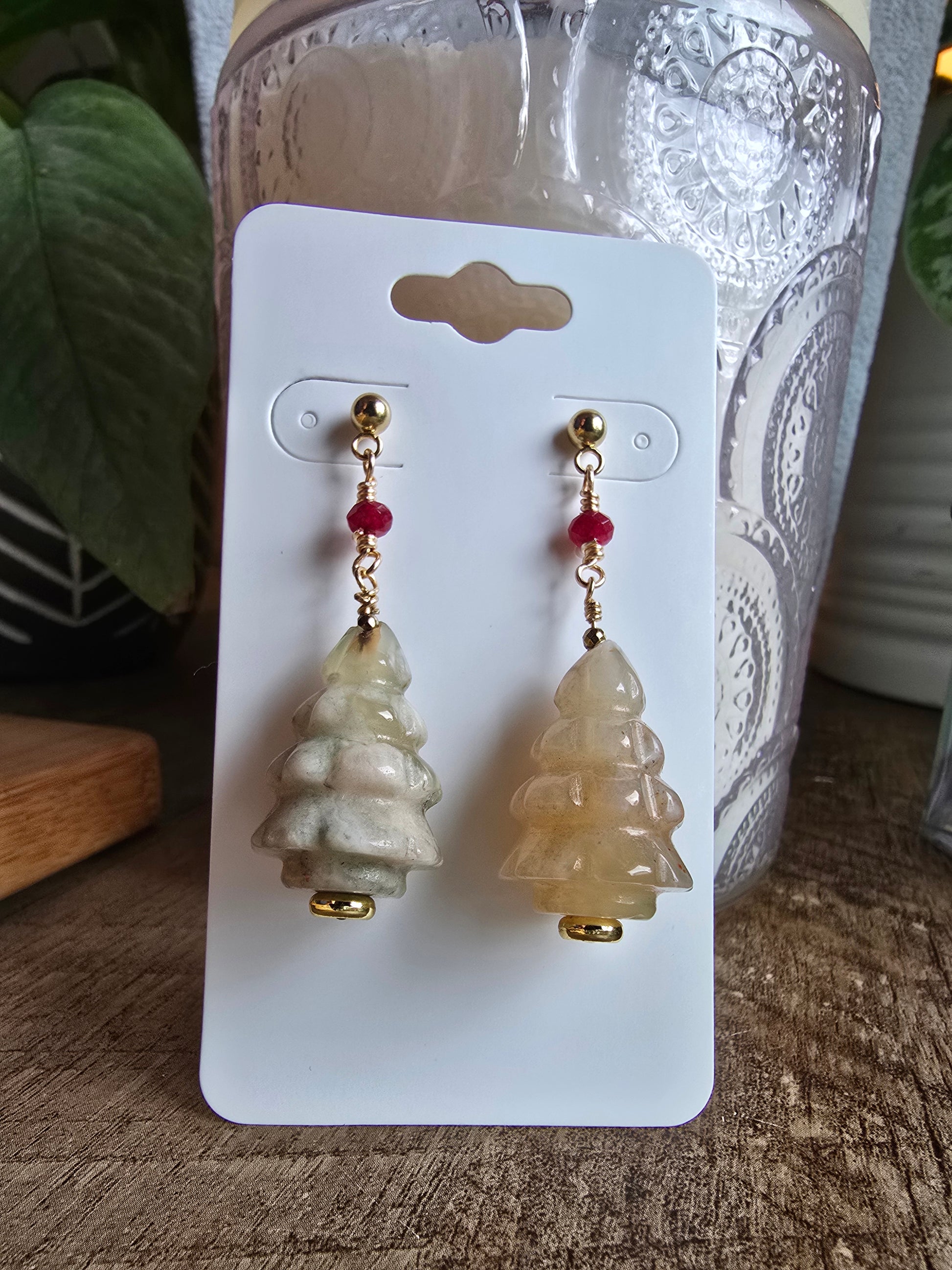 Sakura Agate & Ruby Christmas Tree Dangle Earrings Sacred Sol Design