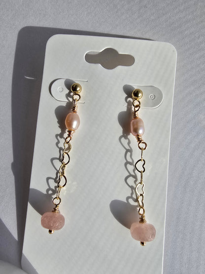 Heart Dangle Earrings with Jade and Pink Pearls Sacred Sol Design
