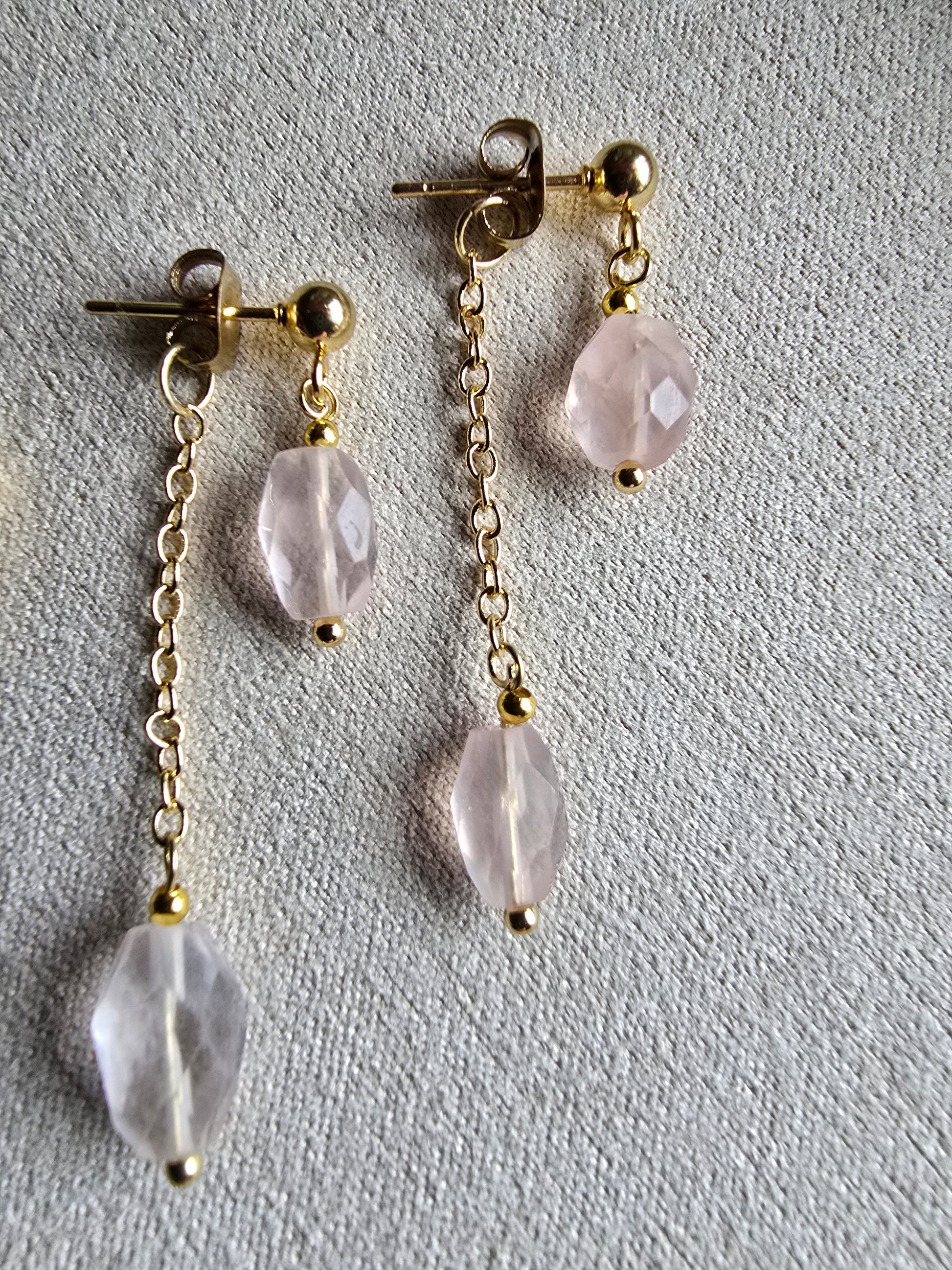 Gold Drop Earrings with Garnet or Rose Quartz - Dainty Chain Dangle Earrings - Minimal Gemstone Earrings Sacred Sol Design