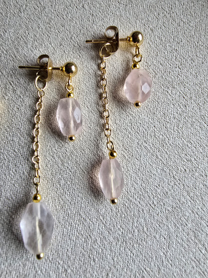 Gold Drop Earrings with Garnet or Rose Quartz - Dainty Chain Dangle Earrings - Minimal Gemstone Earrings Sacred Sol Design