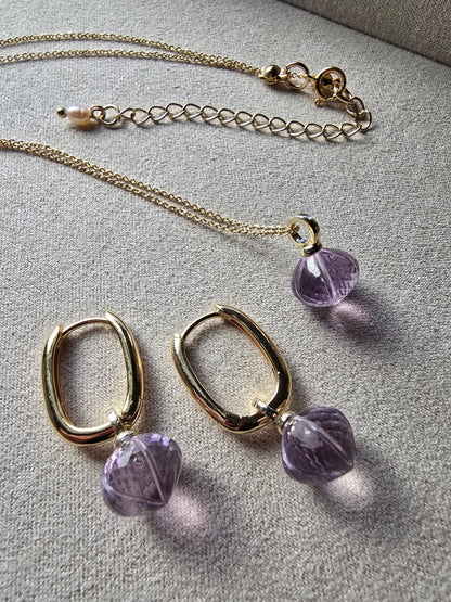AAA Carved Gemstone Drop Hoop Earrings & Necklaces | Green Amethyst, Purple Amethyst, Prasiolite | Gold Hoop Earings Sacred Sol Design